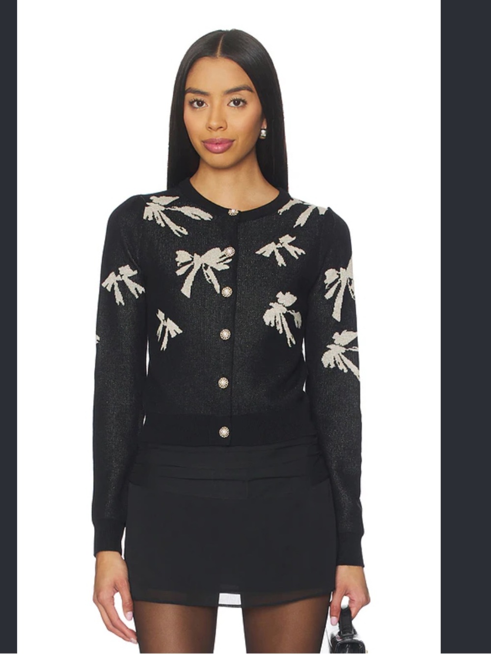Revolve x Heartloom Katari Black Cardigan with Ivory Bow with metallic hue